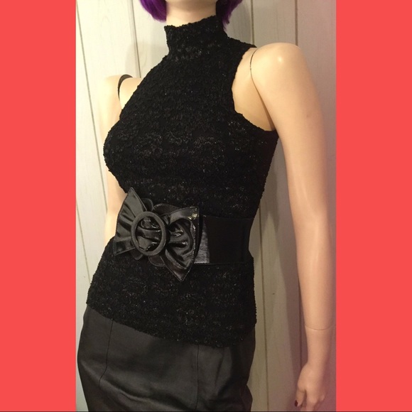 VTG 80s Glittery Black Lace High Collar Shell Top GANTOS - Picture 5 of 8